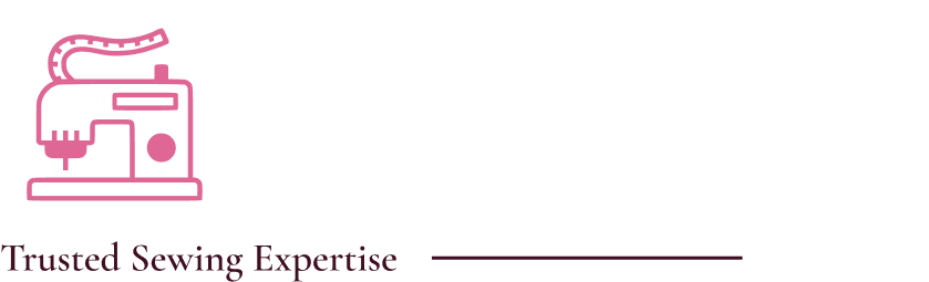 Pink sewing machine logo on black background.