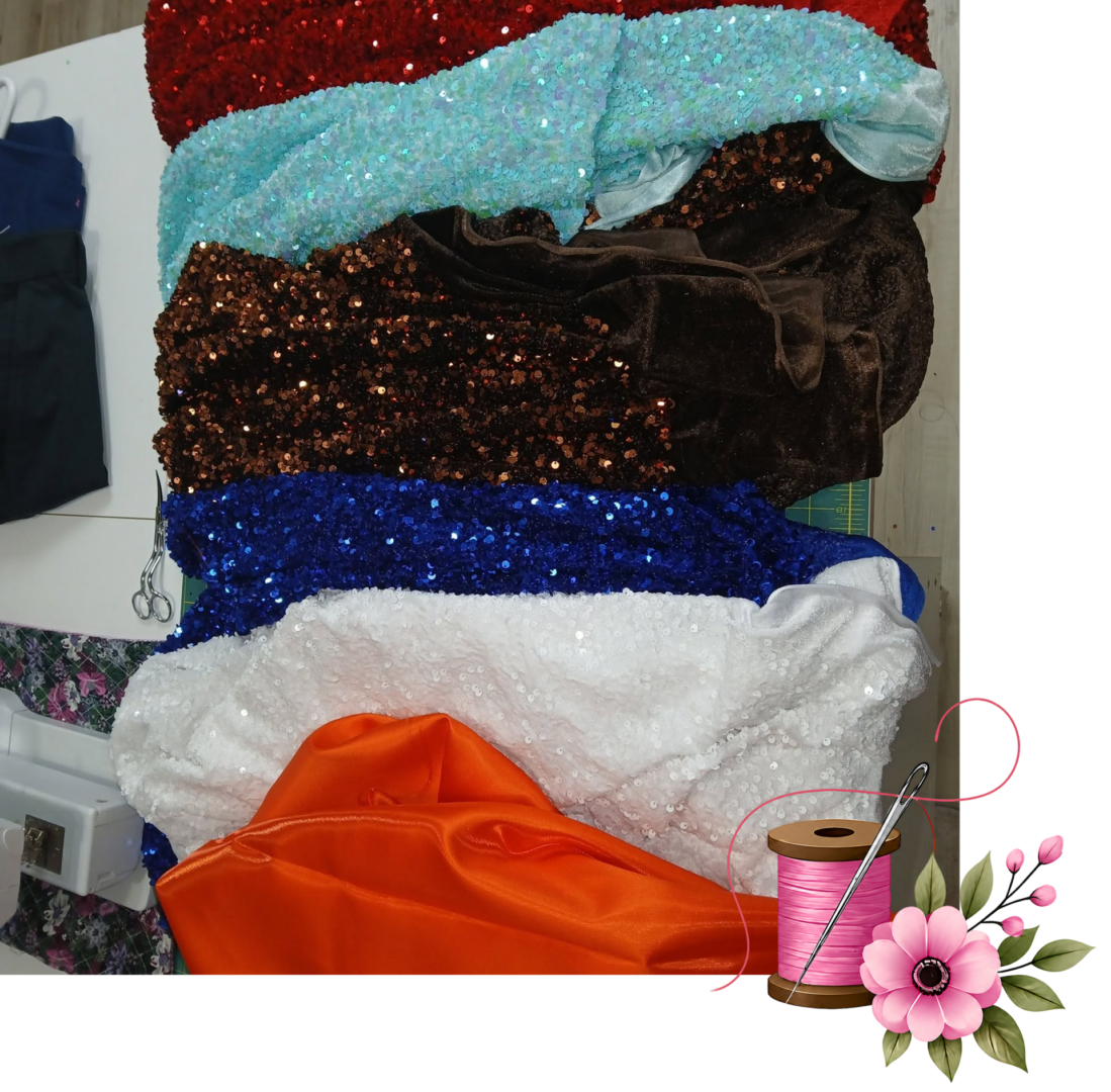 Assorted textured fabrics with sewing tools
