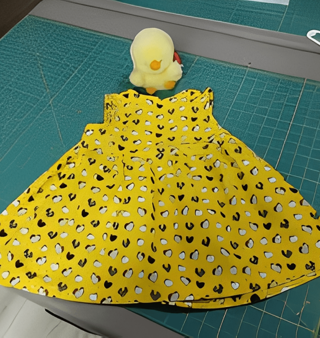 Cute yellow dress displayed on cutting mat.
