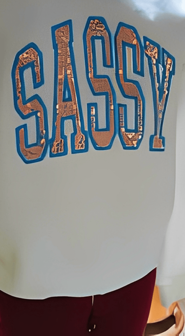 White shirt with "SASSY" text design